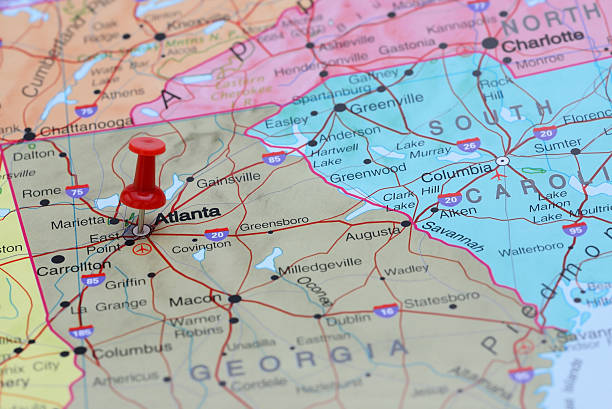 Atlanta pinned on a map of USA Photo of pinned Atlanta on a map of USA. May be used as illustration for traveling theme. georgia stock pictures, royalty-free photos & images
