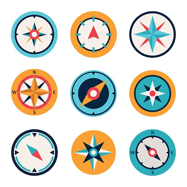 Vector illustration of Wind rose compass flat vector symbols set