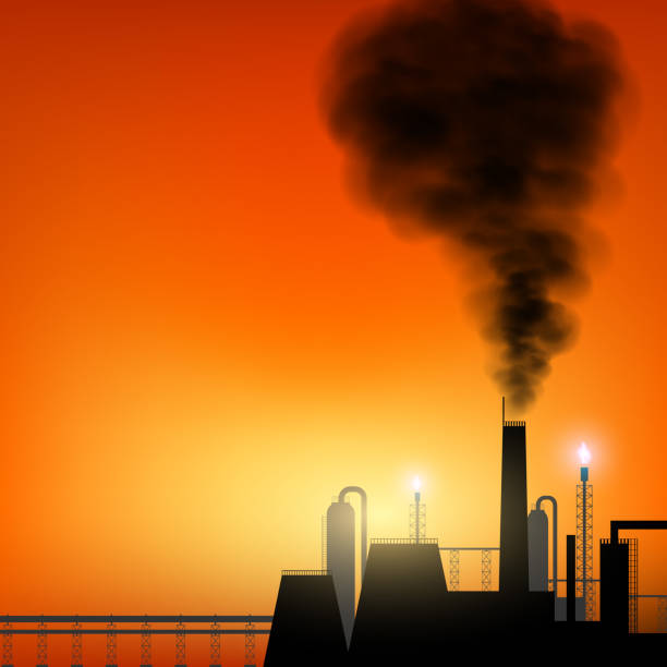 ilustrações de stock, clip art, desenhos animados e ícones de fábrica com chaminés e fumo sobre fundo de pôr do sol - natural gas flame fuel and power generation heat