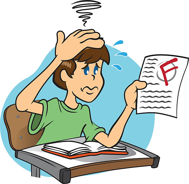 Student sad and worried about the low note in the test Illustration of a character mascot sad and worried Student with low note who took the test, ideal for field training and internal no more homework stock illustrations