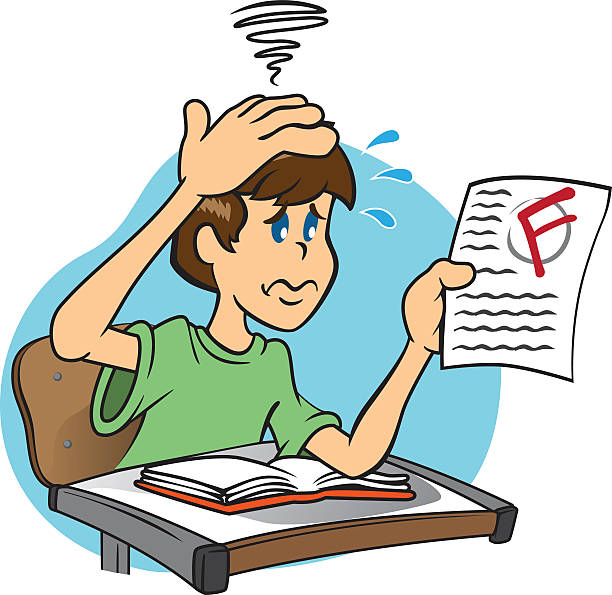 no more homework clipart Student sad and worried about the low note in the test Illustration of a character mascot sad and worried Student with low note who took the test, ideal for field training and internal no more homework stock illustrations