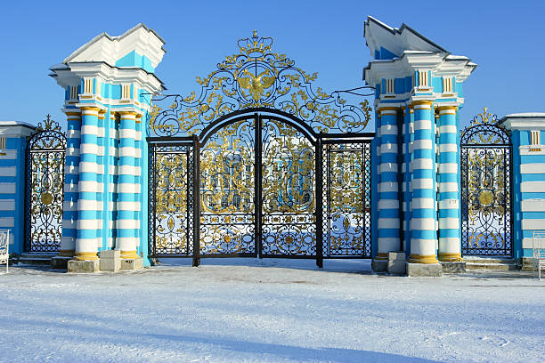 Gate of the Catherine Palace Gate of the Catherine Palace, Catherine Park, Tsarskoye Selo, Pushkin, Saint Petersburg, Russia pushkin st petersburg stock pictures, royalty-free photos & images