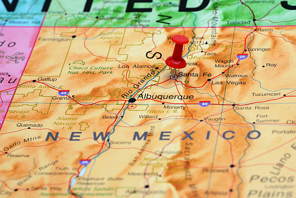 Santa Fe pinned on a map of USA Photo of pinned Santa Fe on a map of USA. May be used as illustration for traveling theme. new mexico stock pictures, royalty-free photos & images