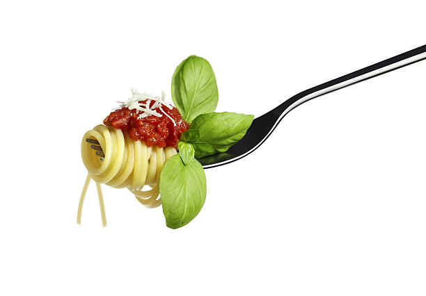istock spaghetti pasta fork with tomato basil Parmesan on white background 532093915