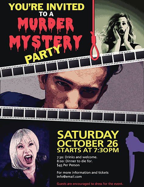 Murder Mystery Dinner Invitation A murder mystery party invitation with two film strips across the center, splitting the invite into three parts, while a noose hanging from the top separates text from a picture of a woman looking scared. The middle image is of a man looking directly at the camera, with details and a scary woman beneath. film poster stock illustrations