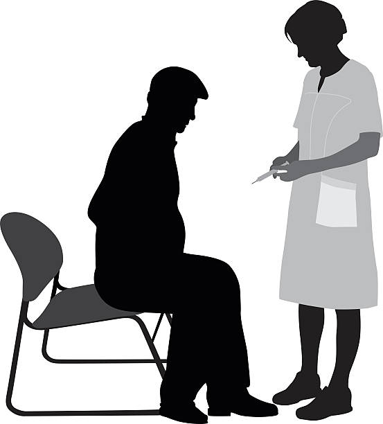 Senior Getting A Flu Shot A vector silhouette illustration of a female nurse administering a shot to an elderly man sitting in a chair. senior getting flu shot stock illustrations