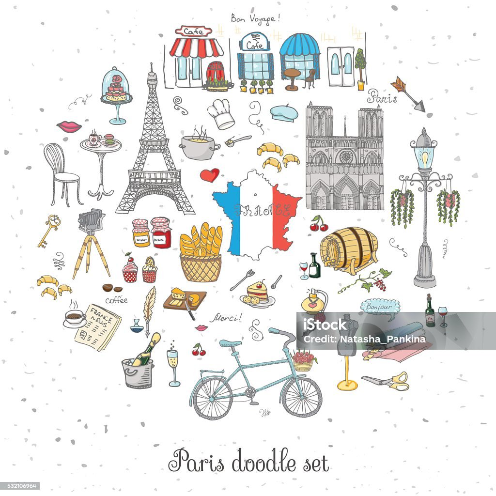 Paris set Set of hand drawn French icons, Paris sketch vector illustration, doodle elements, Isolated France national elements, Travel to France icons for cards and web pages, Paris symbols collection Arts Culture and Entertainment stock vector