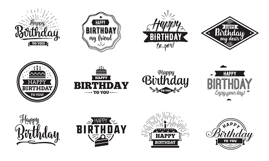 Happy Birthday typographic set. Vector design for greeting cards, print and cloths. Isolated lettering compositions.