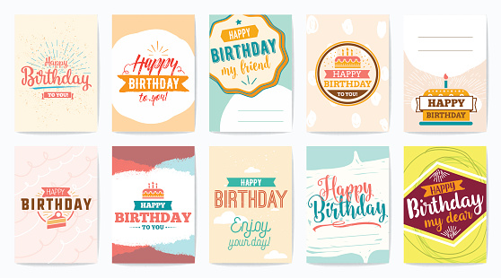 Happy Birthday greeting cards set. Vector typographic colorful design.