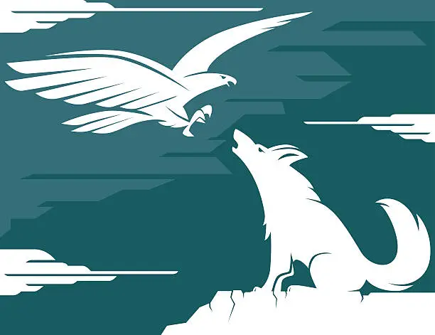 Vector illustration of eagle and wolf