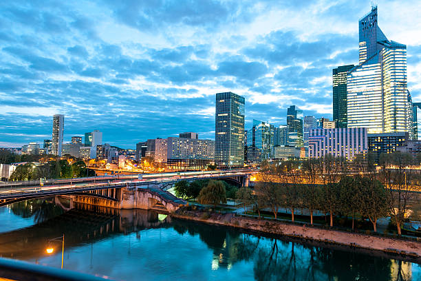 Night La Defense business area  in Paris,Seine River, France stock photo