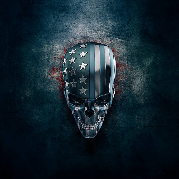 3D illustration of grungy metal skull formed from pieces of USA flag