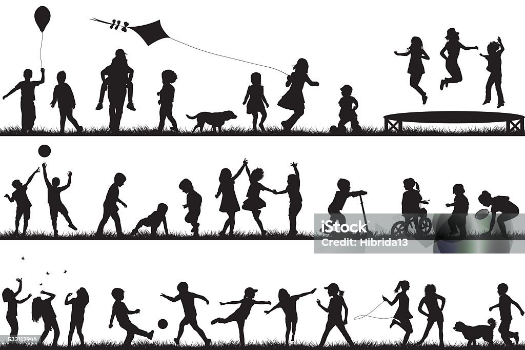 Children silhouettes playing outdoor Set of children silhouettes playing outdoor In Silhouette stock vector