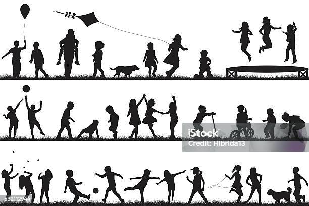 Children Silhouettes Playing Outdoor Stock Illustration - Download Image Now - In Silhouette, Child, Playing