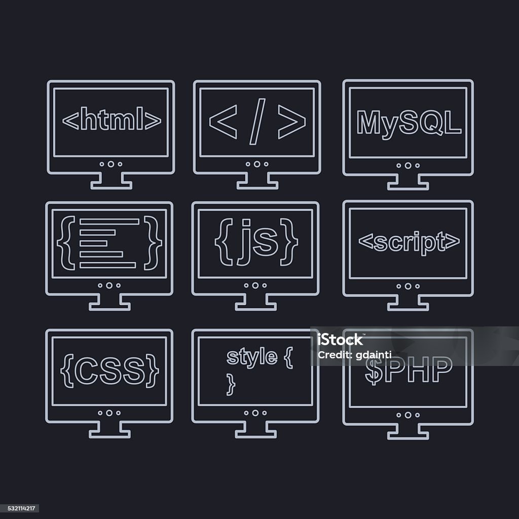 Webentwicklungsymbole Wie Html Und Css Tag Mysql Kurven Stock Vektor ...