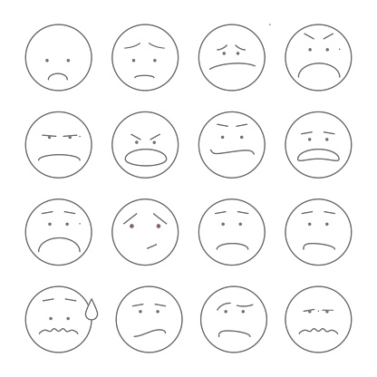 Set of 16 emoticons or smileys each with a different facial expression and emotion, sketched outline on white