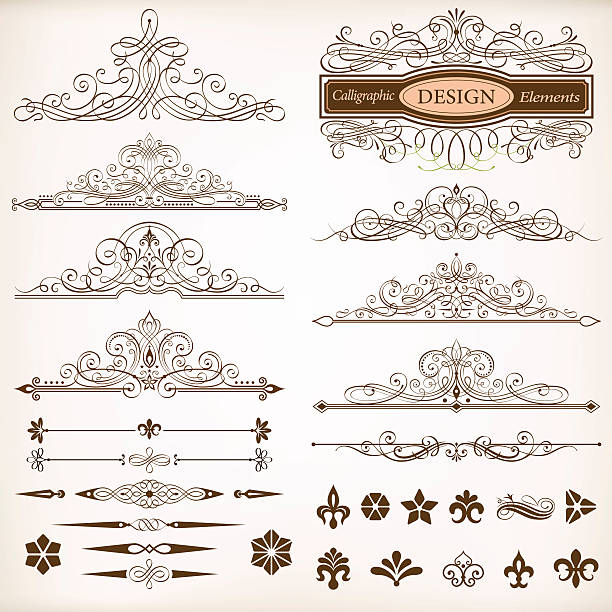 calligraphic design elements vector set - scroll shape ornate swirl striped stock illustrations