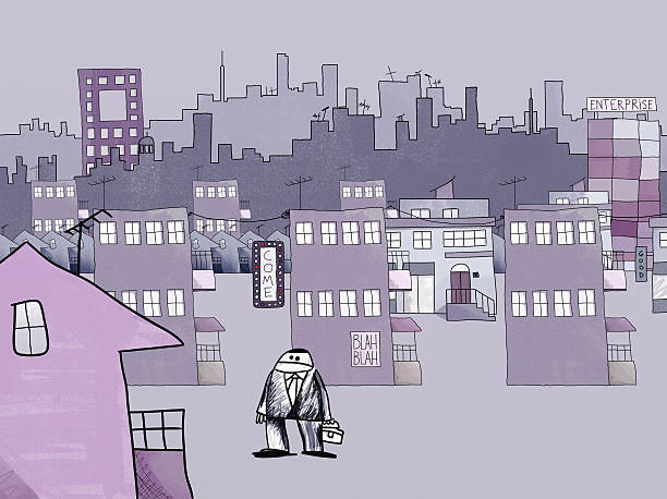 чертеж наиф стиле городской образ жизни и отчуждение концепция - color image pen city life art stock illustrations