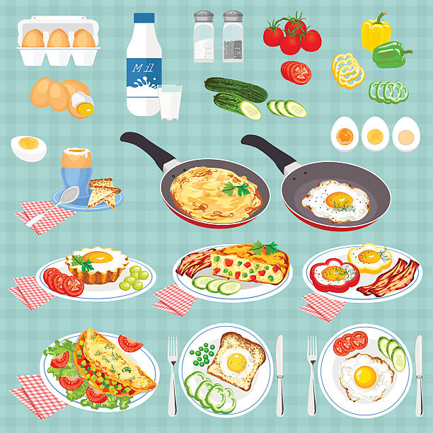 Set of pictures cooked eggs. Vector colorful illustration in flat style. Egg Breakfast river salt stock illustrations