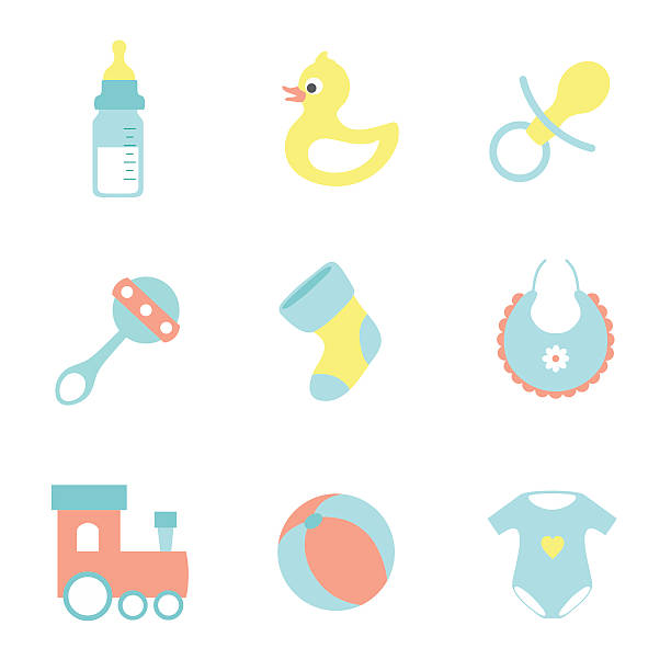 vektor flache icons set für babys - cup child geometric shape stacking stock-grafiken, -clipart, -cartoons und -symbole