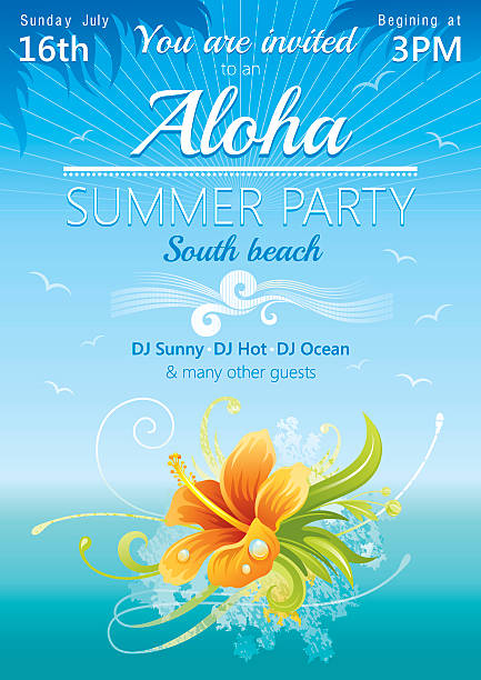 illustrazioni stock, clip art, cartoni animati e icone di tendenza di festa in spiaggia - aloha parola hawaiana