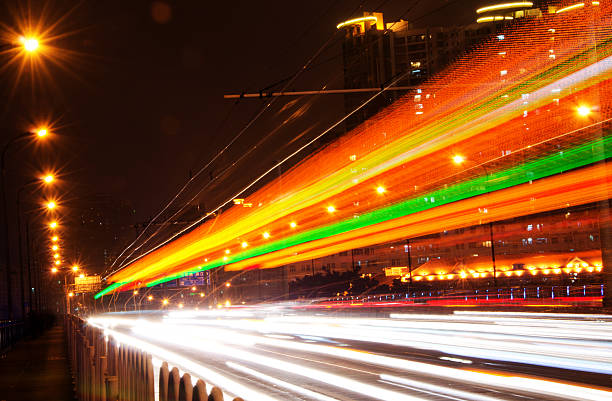 Big city road car lights at night stock photo