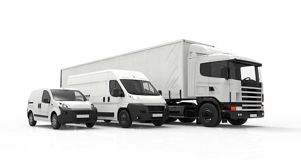 Delivery vehicles 3D rendering of a truck, a van and a lorry isolated on a white background commercial land vehicle stock pictures, royalty-free photos & images