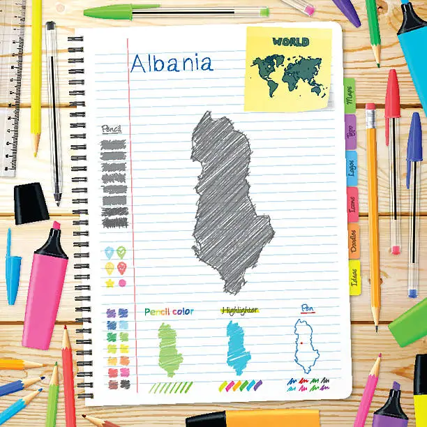 Vector illustration of Albania maps hand drawn on notebook. Wooden Background