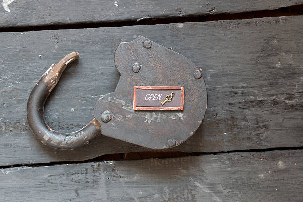 istock Open sign and old padlock 532121294