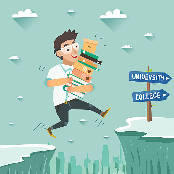 Student with pile of books jumping over the abyss Student with pile of books jumping over the abyss or cliff. Education, Graduation concept, going to university or college. Vector colorful illustration in flat style opportunity dictionary definition stock illustrations