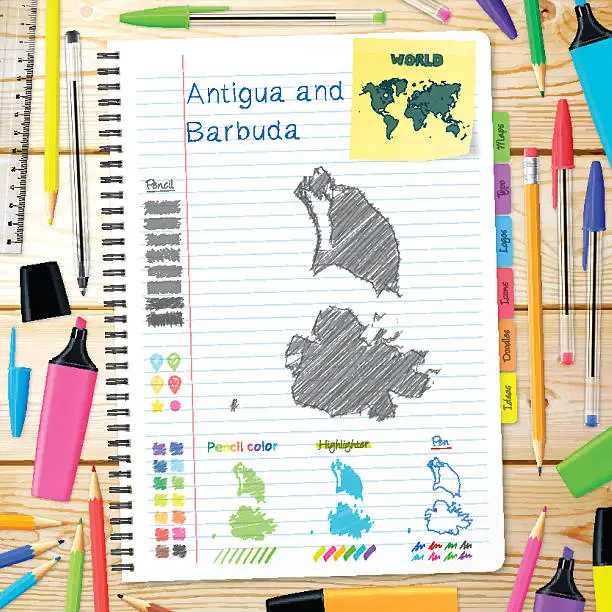 Vector illustration of Antigua and Barbuda maps hand drawn on notebook. Wooden Background