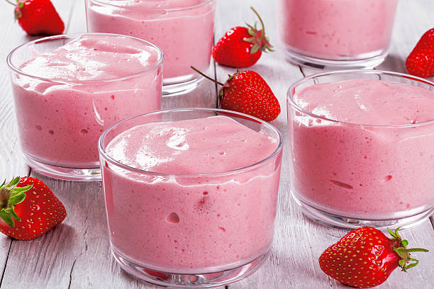 Tasty Strawberry Banana Smoothies Cups, close up, macro stock photo