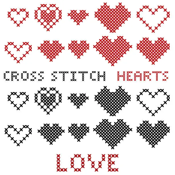 Vector illustration of Set of hearts. Cross-stitch. Red and black silhouette.