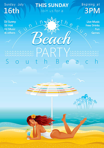 Beach party Blue beach background with beautiful girl and tropical cocktail aloha single word stock illustrations