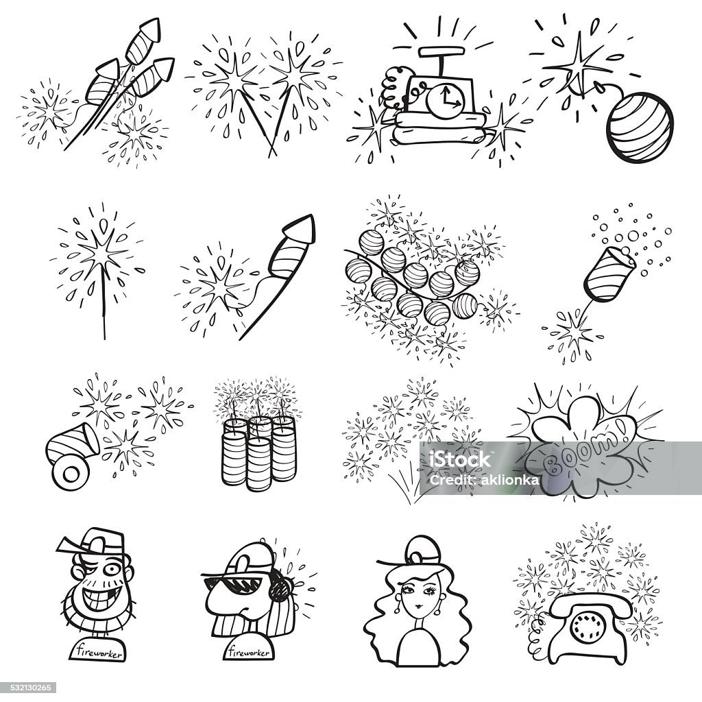 Pyrotechnic set of doodle icons, line art Fireworks set of icons painted by hand Firework - Explosive Material stock vector