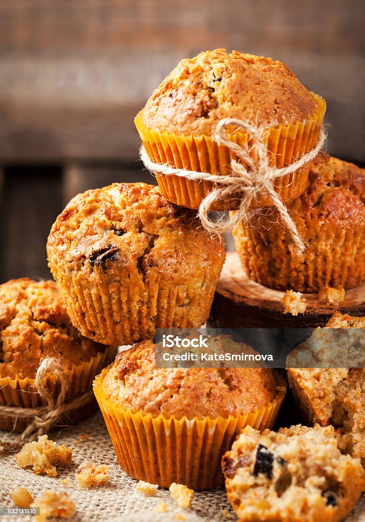 Fresh homemade delicious carrot muffins Fresh homemade delicious carrot muffins with dried friuts  and nuts Muffin Stock Photo