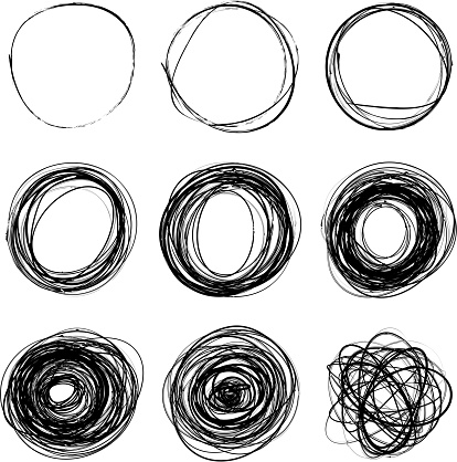 Set of nine hand drawn scribble circles isolated on white