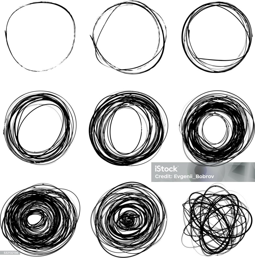 Set of nine hand drawn scribble circles on white Set of nine hand drawn scribble circles isolated on white Circle stock vector