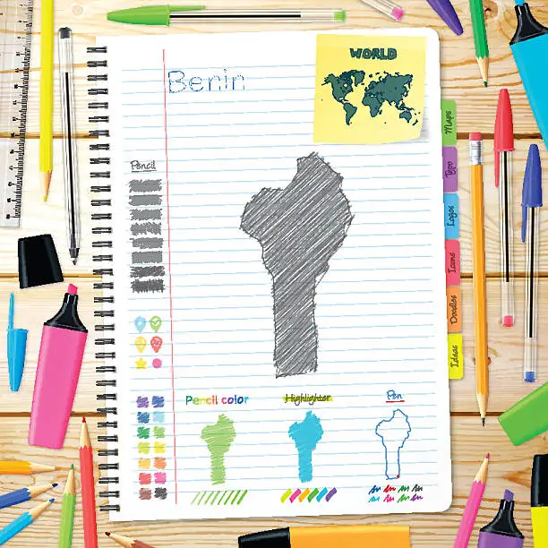 Vector illustration of Benin maps hand drawn on notebook. Wooden Background