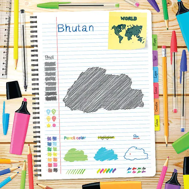 Vector illustration of Bhutan maps hand drawn on notebook. Wooden Background