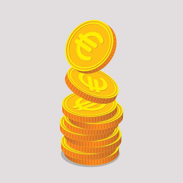 Stack of gold coins with euro signs Stack of gold coins with euro signs. Coins is falling from the top so stack is increasing. Income concept e stock illustrations