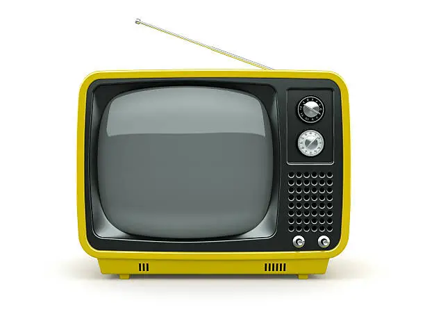 Yellow retro TV on white background