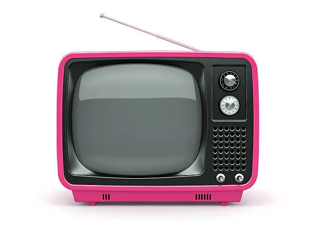 Photo of Pink retro TV on white background
