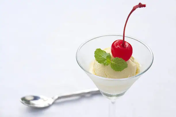 Ice cream with cherry on top in a glass
