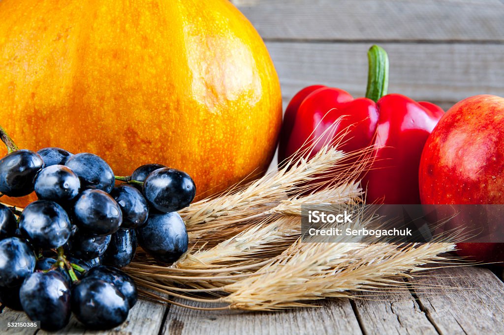 Fruits and vegetables with pumpkins in autumn vintage still life 2015 Stock Photo