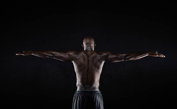 forte posteriore di un uomo muscoloso nero - men black body building african descent foto e immagini stock