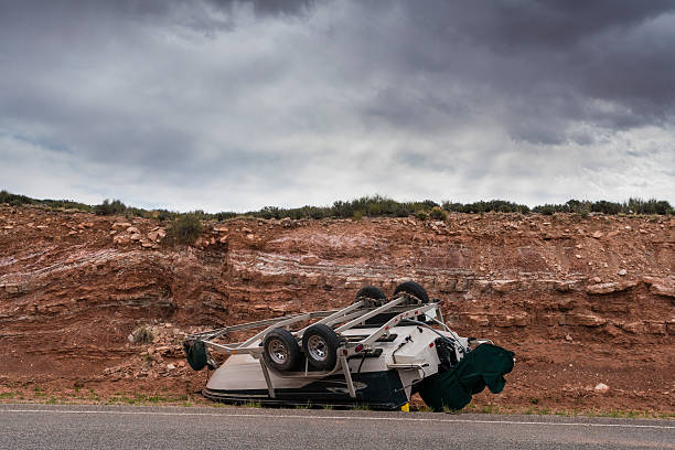 istock Accident involving a boat overturned on a highway 532168686