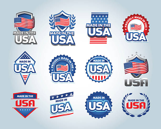 USA and made in the USA emblems set. American made. Set of vector icons, stamps, seals, banners, labels, badges. usa made in the usa industry striped stock illustrations