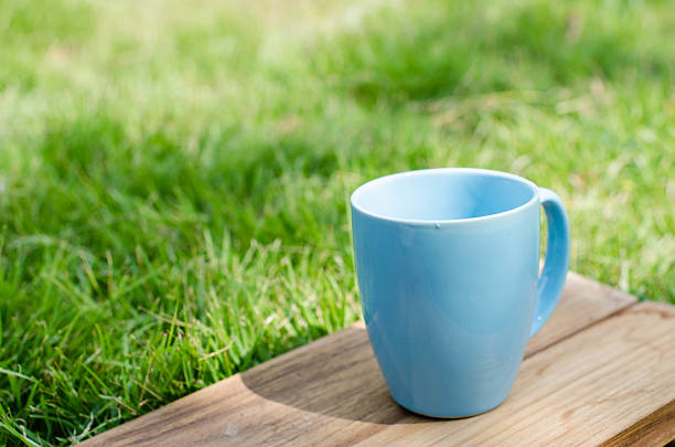 istock Blue mug on wooden board with green grass space. 532168905