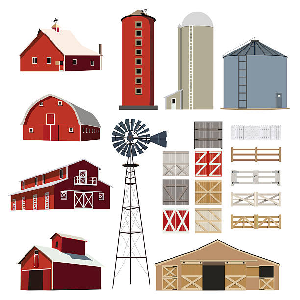 illustrations, cliparts, dessins animés et icônes de animaux de la ferme vector ensemble du bâtiment - grange